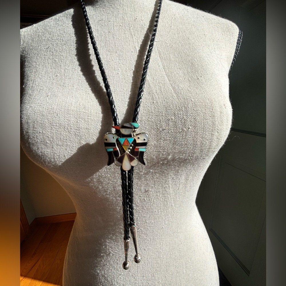 SHACK Vintage Zuni Sterling Silver Coral Turquoise Black Jet Thunderbird Lariat